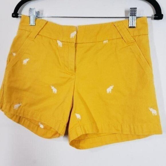 J. Crew Yellow Embroidered Elephant Chino Shorts Boho‎ Summer Boat Shorts sz 0 - Picture 3 of 9